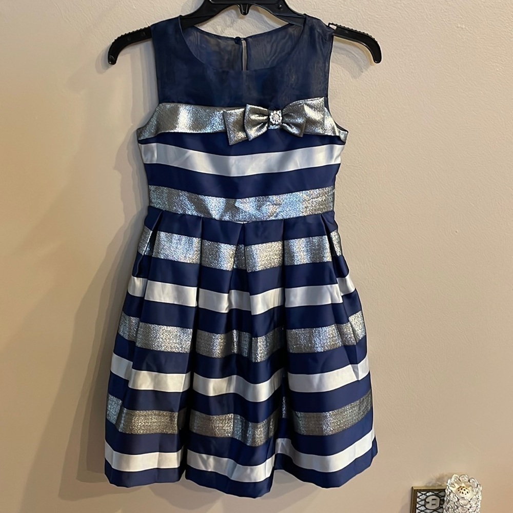Bonnie Jean Formal metallic girls dress blue stripped belted full pleated skirt
